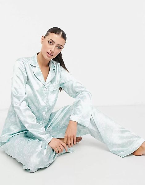 Night – Langes Pyjamaset aus Satin mit Blumenprint in Salbeigrün günstig online kaufen