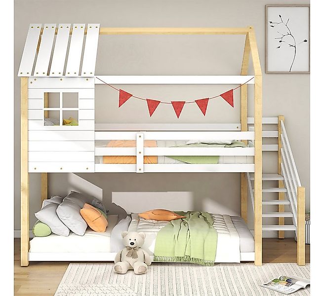 XDeer Etagenbett Kinderbett mit Ecktreppe, Hausbett Fallschutz und Gitter, günstig online kaufen