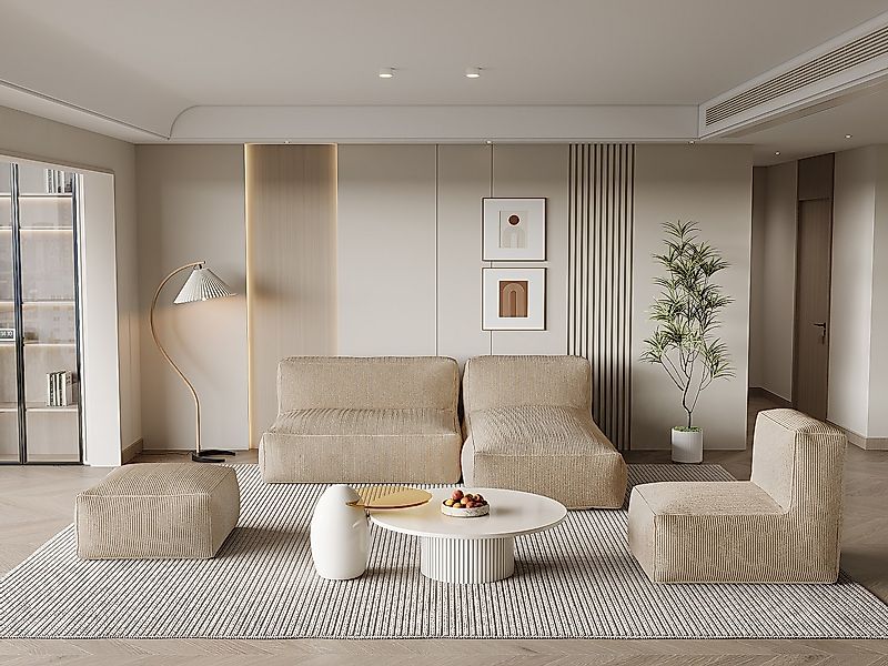 Ecksofa mit Sessel & Hocker - beliebig kombinierbar - Cord - Beige - NOUMAR günstig online kaufen