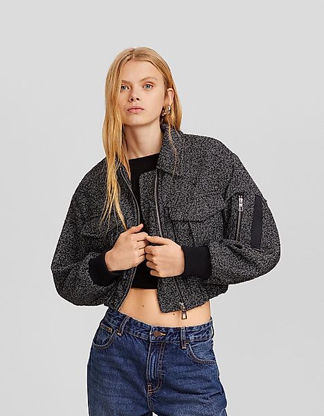 Bershka Truckerjacke Mit Wollstruktur Damen M Dunkelgrau günstig online kaufen