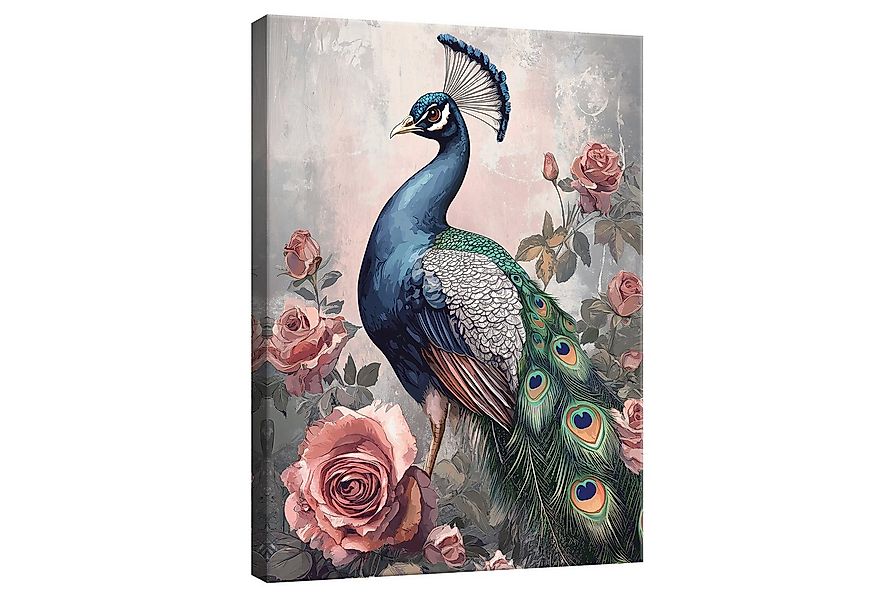 Wallarena Leinwandbild Vogel Pfau Blumen Rose Wandbilder XXL Wand Deko Bild günstig online kaufen