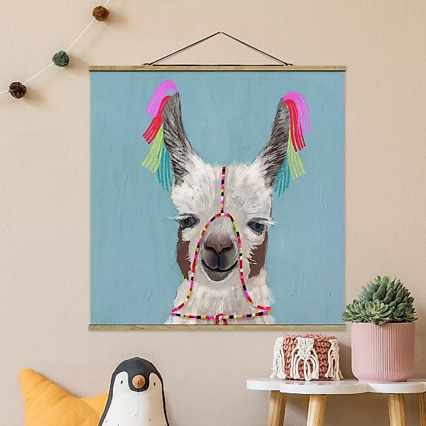 Stoffbild Tiere mit Posterleisten - Quadrat Lama mit Schmuck III günstig online kaufen
