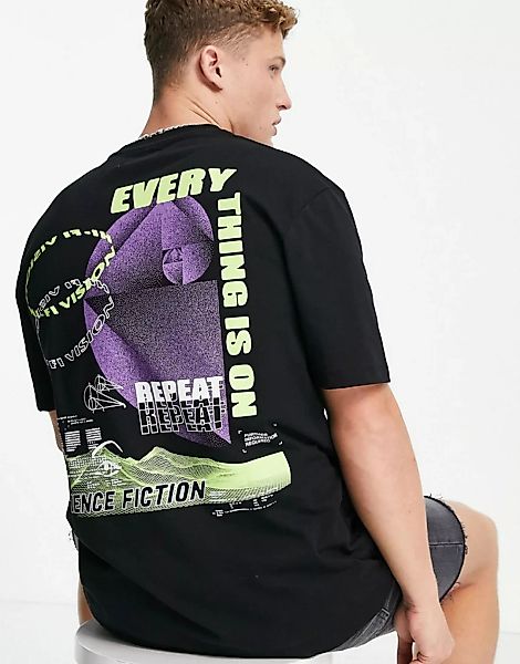 Topman – Oversize-T-Shirt in Schwarz mit „Repeat“-Print auf Vorder- und Rüc günstig online kaufen