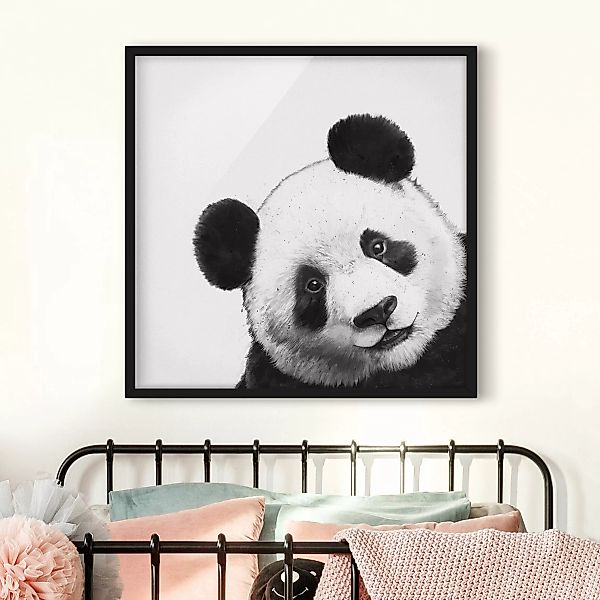 Bild mit Rahmen Tiere - Quadrat Illustration Panda Schwarz Weiß Malerei günstig online kaufen