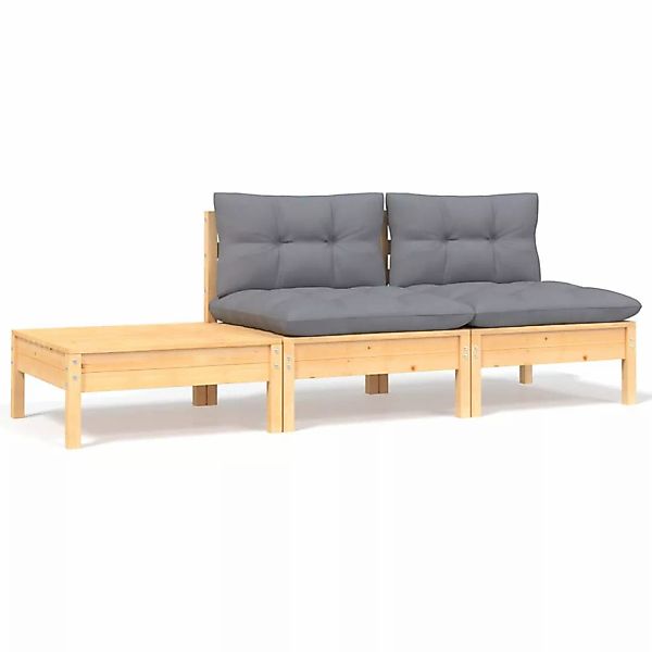 3-tlg. Garten-lounge-set Mit Kissen Grau Kiefer Massivholz günstig online kaufen