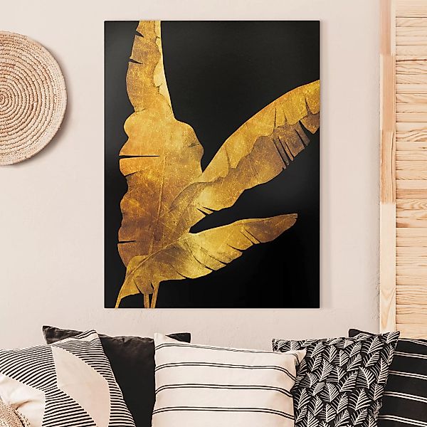 Leinwandbild Blumen - Hochformat Gold - Bananenpalme auf Schwarz günstig online kaufen
