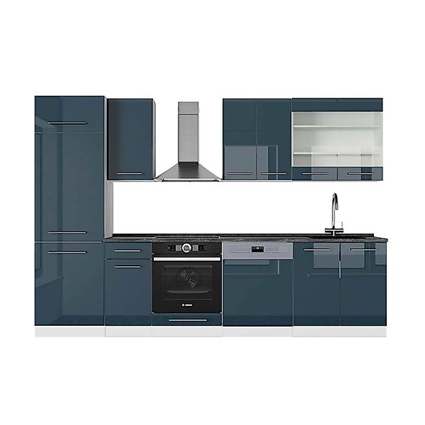 Vicco Fame-Line Küchenzeile Dunkelblau Hochglanz/Weiß 300 cm AP Anthrazit o günstig online kaufen