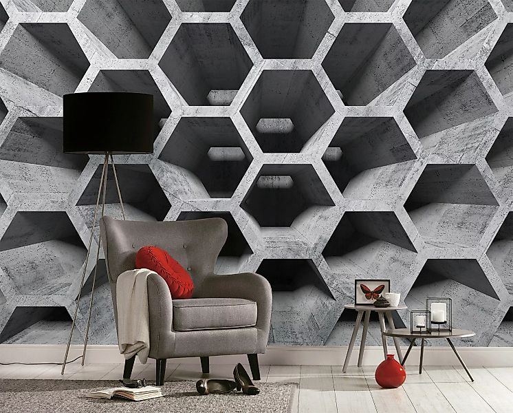 Fototapete Hexagon Muster 3D Effekt Grau Schwarz 3,50 m x 2,55 m FSC® günstig online kaufen