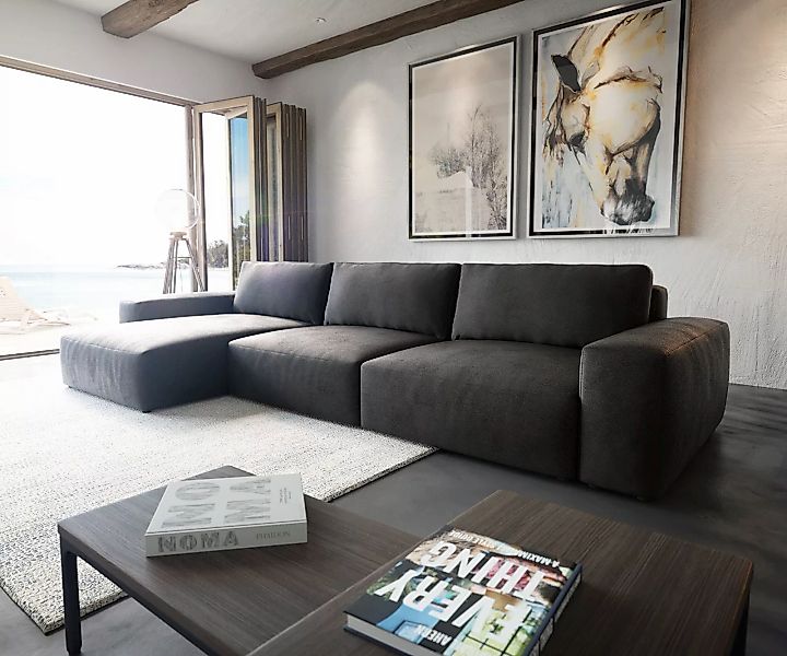 Ecksofa Lanzo XL 380x180 cm Lederimitat Vintage Anthrazit Recamiere variabe günstig online kaufen