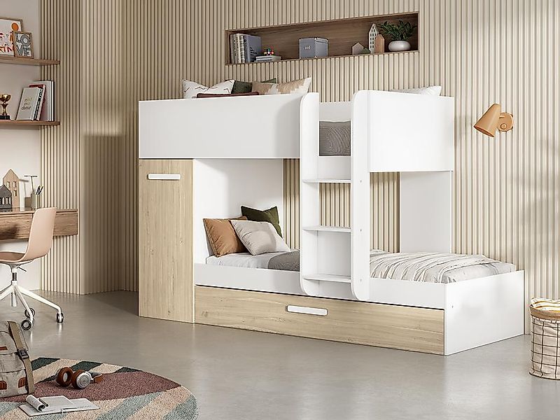 Etagenbett Ausziehbett mit Stauraum + Matratzen - 3x 90 x 190 cm - Weiß & N günstig online kaufen