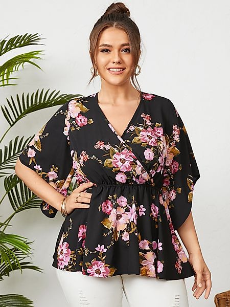 Plus Size Bluse mit V-Ausschnitt und Blumenmuster mit gekreuzter Vorderseit günstig online kaufen