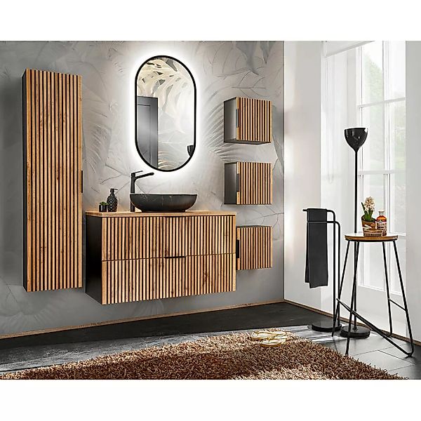 Badezimmer Komplett Set mit Hochschrank, 3x Hängeschrank, Waschtisch, Aufsa günstig online kaufen