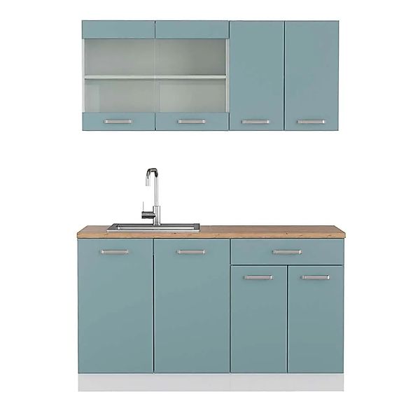 Vicco R-Line Singleküche Blau-Grau/Weiß 140 cm AP Eiche ohne E-Geräte günstig online kaufen