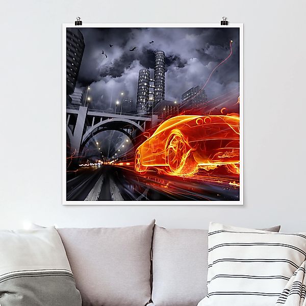 Poster - Quadrat Feuerauto günstig online kaufen