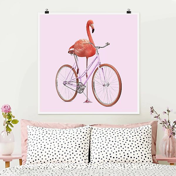 Poster - Quadrat Flamingo mit Fahrrad günstig online kaufen