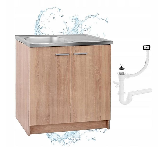 STAMAR Spülenschrank Küchenschrank 80cm Sonoma Eiche Spüle Edelstahl Siphon günstig online kaufen