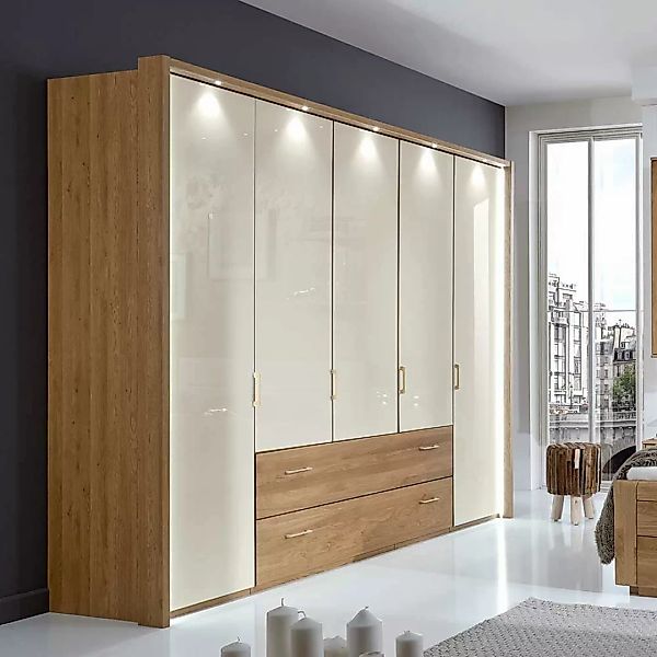 Kleiderschrank aus Eiche Weiß Glas 220 cm hoch günstig online kaufen