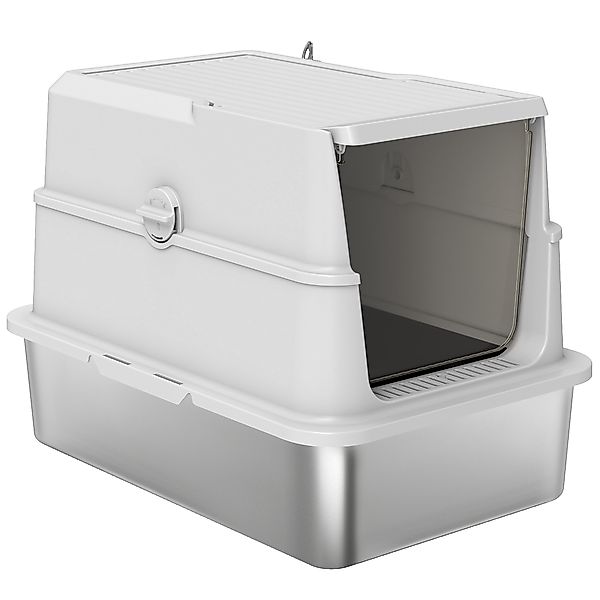 PawHut Katzenklo, XL Katzentoilette aus Edelstahl mit umklappbarem Deckel, günstig online kaufen