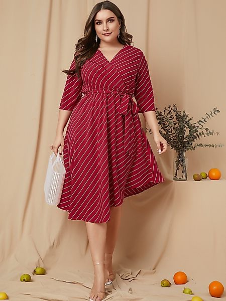 YOINS Plus Größe Roter Gürtel Design Gestreifter V-Ausschnitt Kleid günstig online kaufen