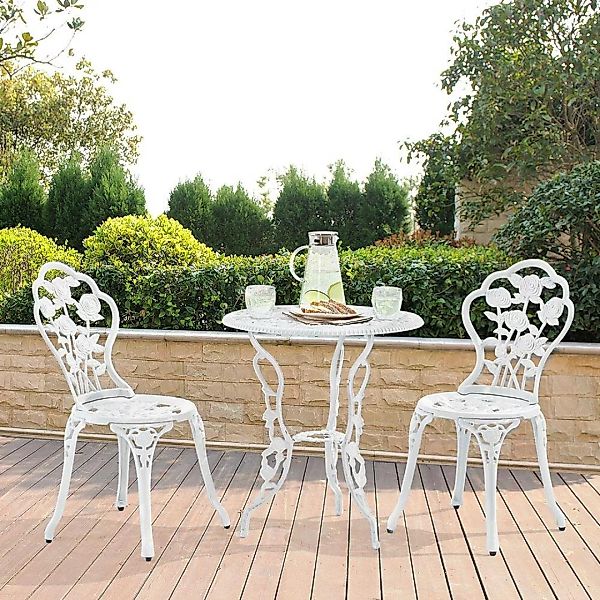Gartenmöbel Set aus Gusseisen in weiß, 2 Stühl mit Tisch rund, DUBLIN-100 günstig online kaufen