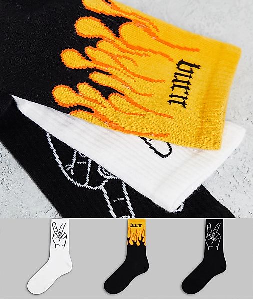 Bershka – Socken in Schwarz mit Peace- und Feuer-Print im 3er-Pack günstig online kaufen