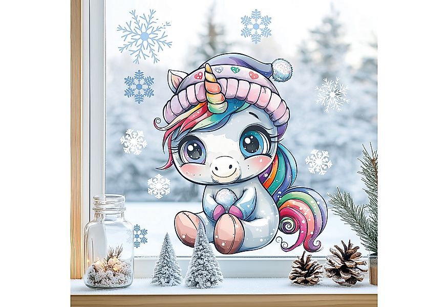 Sunnywall Fensterdekoration wiederverwendbares Fensterbild Winter Einhorn R günstig online kaufen
