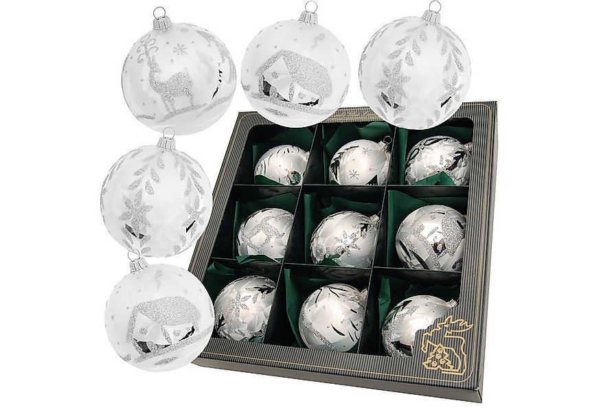 Krebs Glas Lauscha Weihnachtsbaumkugel 9er Set - Eislack Silber - ca. 8cm - günstig online kaufen