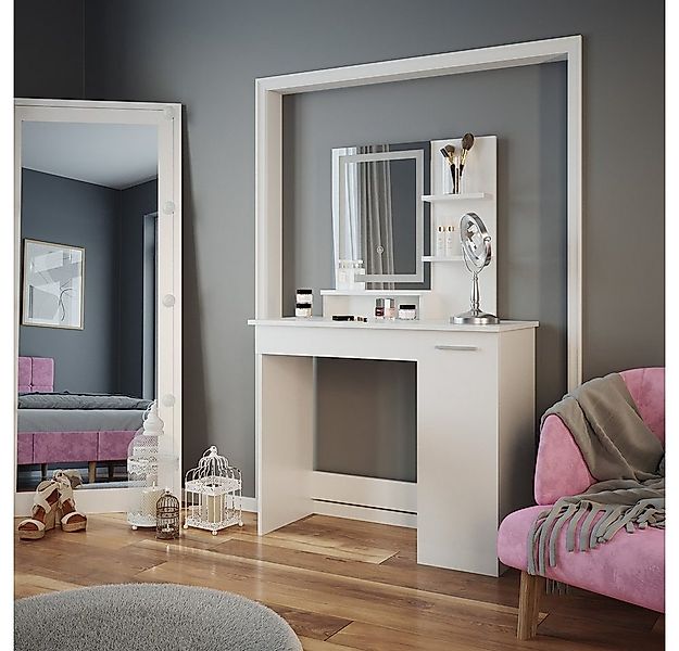 Vicco Schminktisch Julia, Weiß, 90 cm mit LED-Spiegel günstig online kaufen