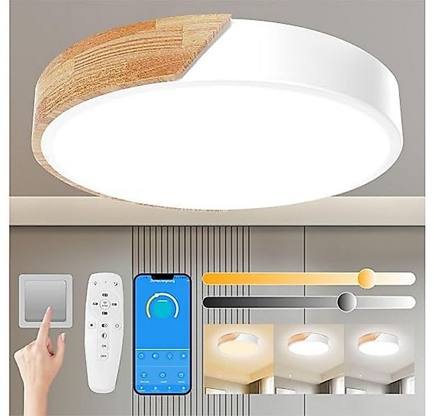 POPOLIC LED Deckenleuchte 24-W-moderne Leuchte, Deckenleuchte Holz, dimmbar günstig online kaufen