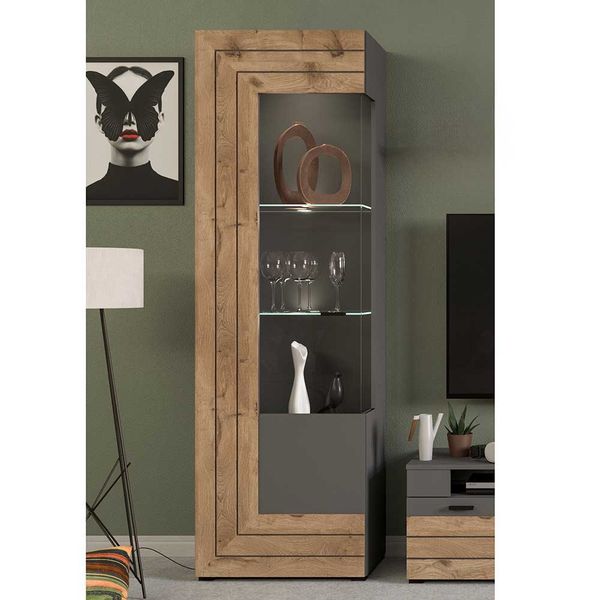Wohnzimmer Vitrinenschrank in Wildeichefarben und Grau Glastür günstig online kaufen