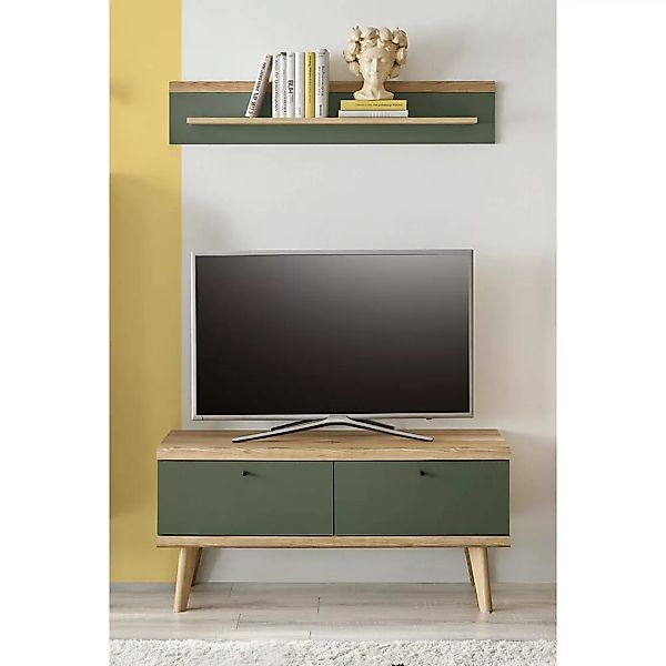 Wohnzimmer TV-Lowboard inkl. Wandboard in Eiche mit grün AVEZZANO-61 Modern günstig online kaufen