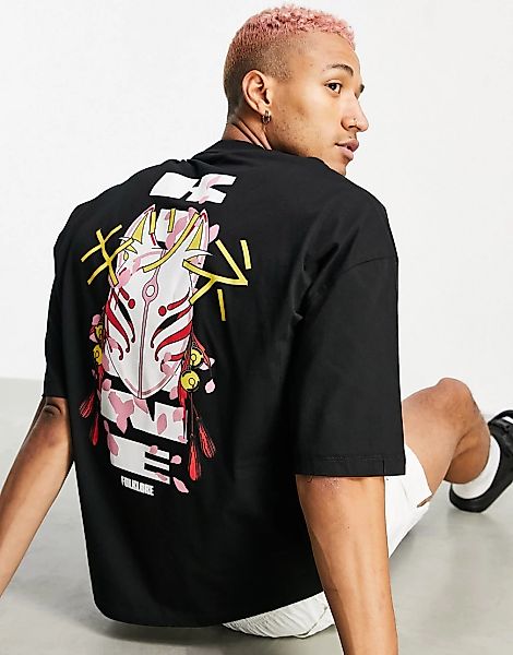 ASOS DESIGN – Oversize-T-Shirt in Schwarz aus Bio-Baumwolle mit Anime-Print günstig online kaufen