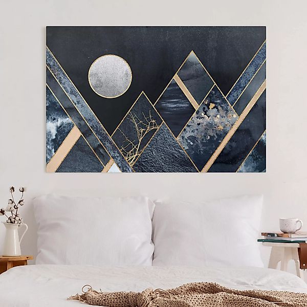 Leinwandbild Abstrakt - Querformat Goldener Mond abstrakte schwarze Berge günstig online kaufen