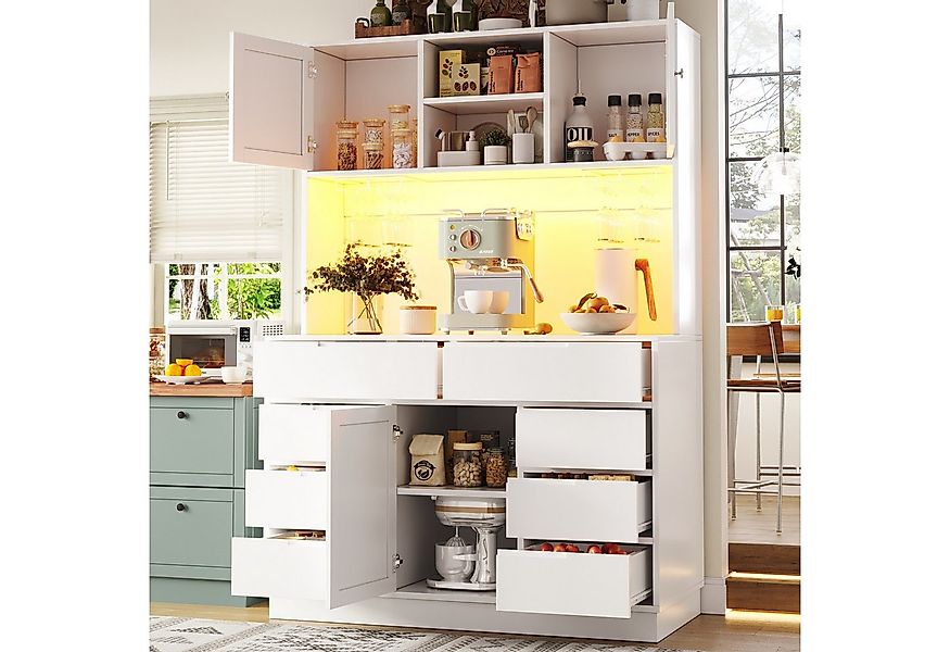 Flieks Küchenbuffet mit LED-Beleuchtung, Gläserhalter, 8 Schubladen und 3 T günstig online kaufen