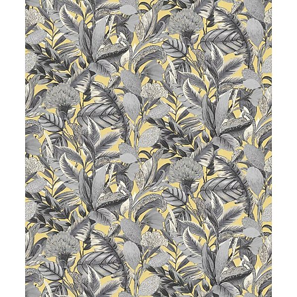 Bricoflor Palmenblätter Tapete in Gelb Grau Kunst Vliestapete mit Dschungel günstig online kaufen