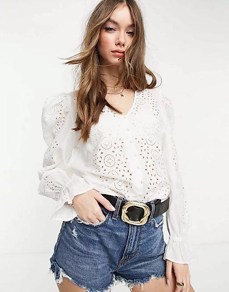 Vero Moda – Durchgeknöpfte Bluse mit Lochstickerei in Weiß günstig online kaufen
