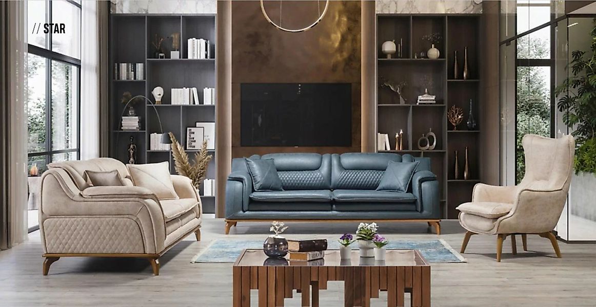 JVmoebel Sofa Sofagarnitur 3+3+1 Sitzer Blau Sessel Luxus Leder Sofa Couch, günstig online kaufen