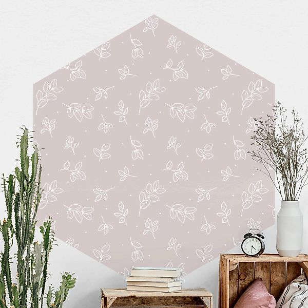 Hexagon Mustertapete selbstklebend Illustrierte Blätter Muster Pastell Rosa günstig online kaufen