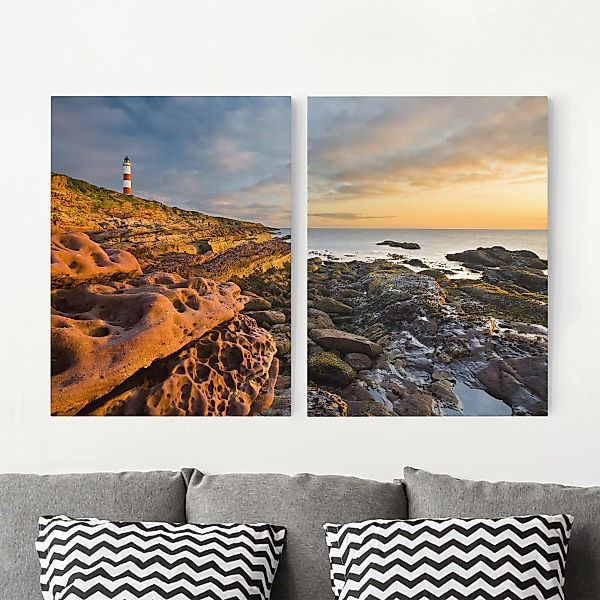 2-teiliges Leinwandbild Tarbat Ness Meer & Leuchtturm bei Sonnenuntergang günstig online kaufen