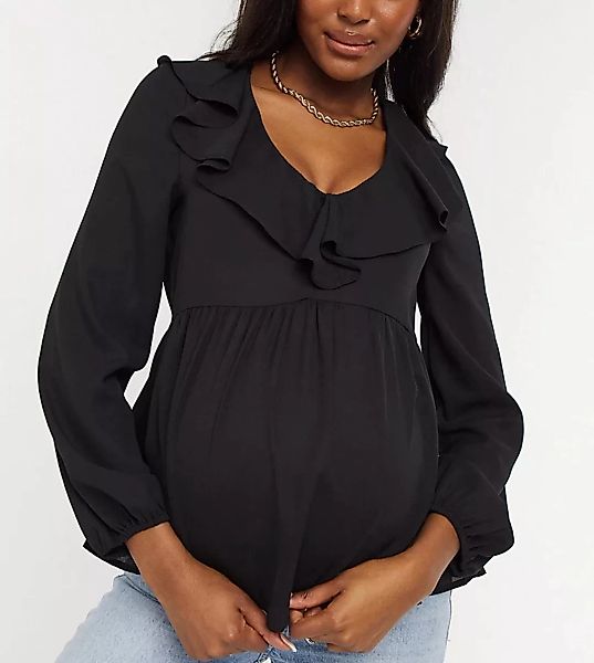 New Look Maternity – Bluse mit Schößchen und Rüschen am Ausschnitt in Schwa günstig online kaufen
