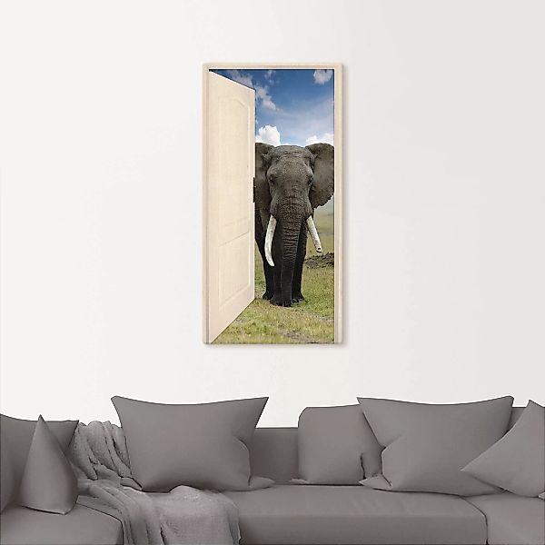 Artland Wandbild "Offene weiße Türe mit Blick auf Elefant", Wildtiere, (1 S günstig online kaufen