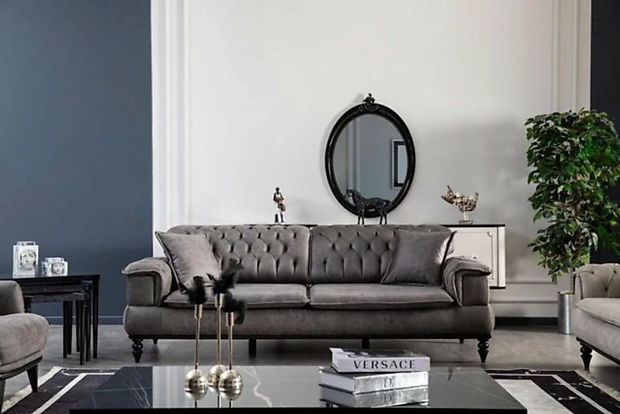 JVmoebel 3-Sitzer Chesterfield Sofa 3 Sitzer Grau Möbel Luxus, Mit Bettfunk günstig online kaufen