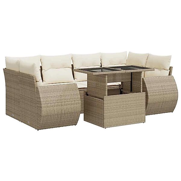 vidaXL 7-Tlg Garten-Sofagarnitur mit Kissen Beige Poly Rattan 3326589 günstig online kaufen