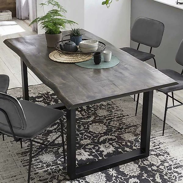 Baumkanten Esszimmertisch aus Mangobaum Massivholz und Stahl Grau günstig online kaufen