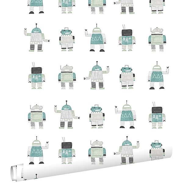 ESTAhome Tapete Gezeichnete Vintage Spielzeug Roboter Mintgrün Und Blau 53 günstig online kaufen