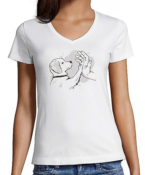 MyDesign24 T-Shirt Damen Hunde Print Shirt - Hundewelpen gibt high five V-A günstig online kaufen