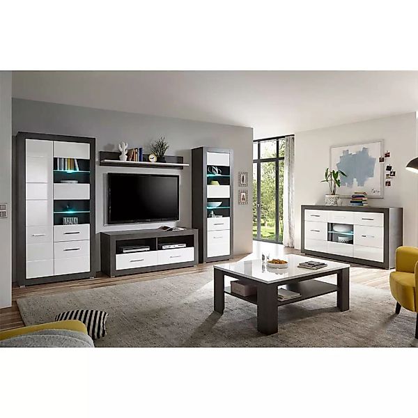 Wohnzimmer Set in Weiß Hochglanz und Beton Grau modern (sechsteilig) günstig online kaufen