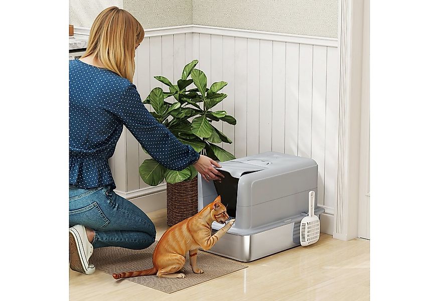 PawHut Katzentoilette Katzenklo mit Deckel, für Katzen bis 6 kg, Grau günstig online kaufen