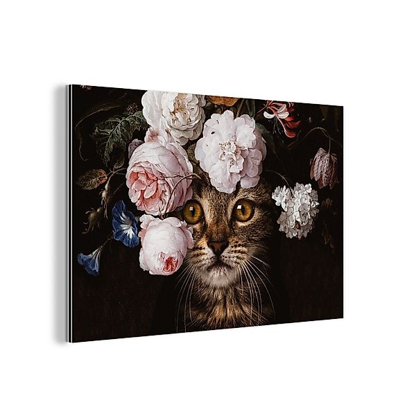MuchoWow Metallbild Katze - Blumen - günstig online kaufen