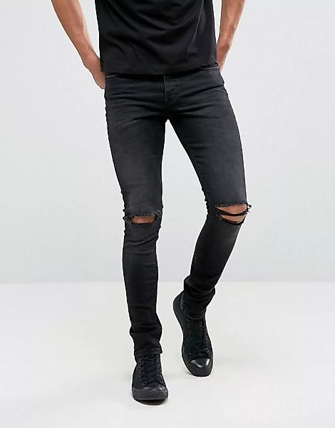 ASOS DESIGN – Enge, 12,5oz schwere Jeans in verwaschenem Schwarz mit zerris günstig online kaufen